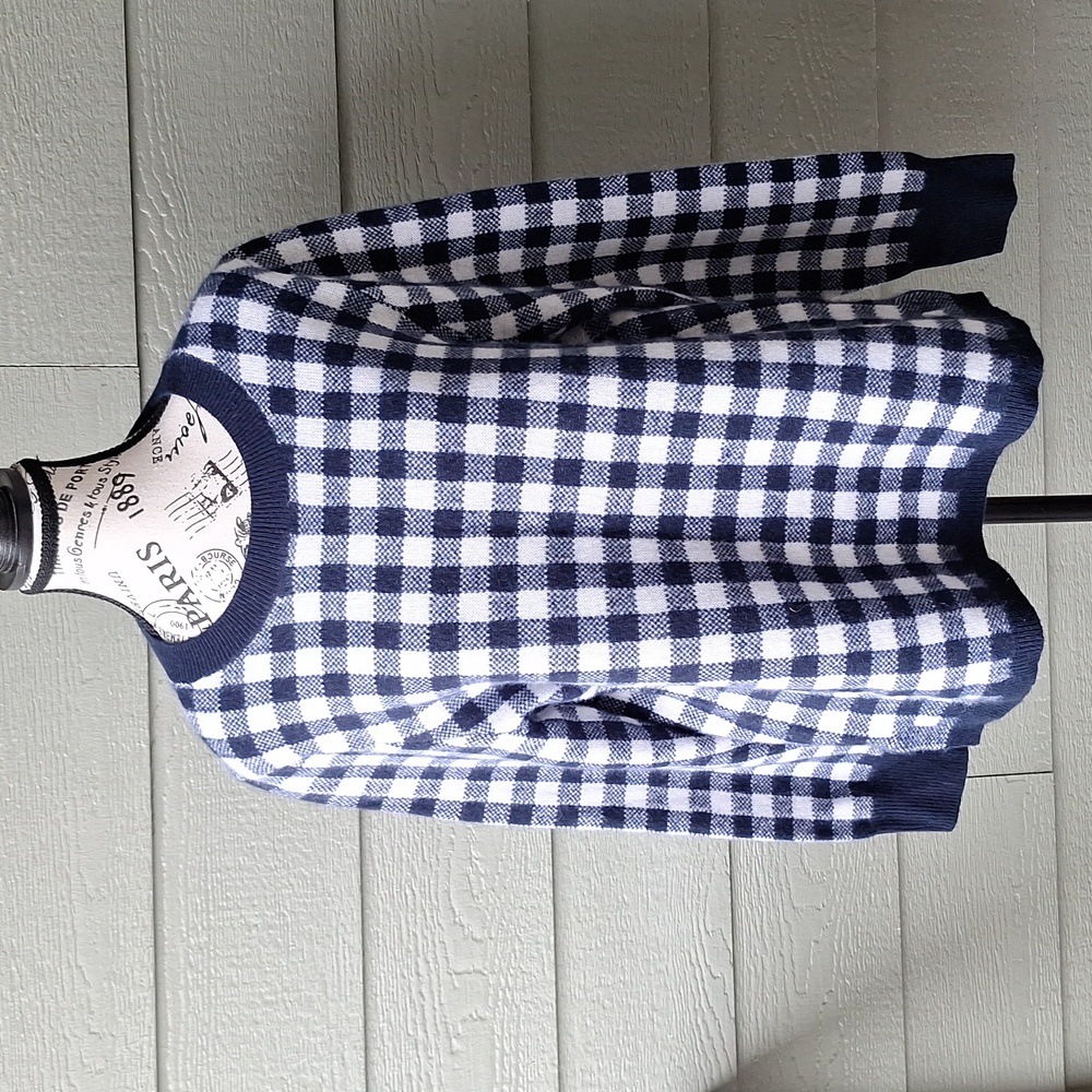 J. Crew Gingham Cashmere Sweater ASO Wednesday Adams Blue & White Size Large - Picture 2 of 11